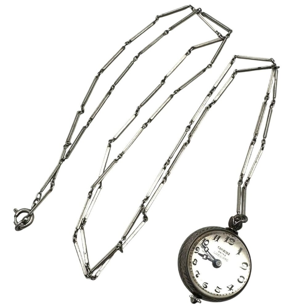 Antique Sterling Silver French Carl Bucherer Bubble Glass Skeleton Watch Chain
